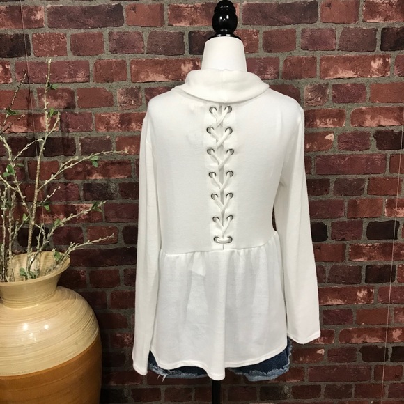 Sz SMALL Cowl Neck Grommet Lace Up Peplum - Picture 3 of 12